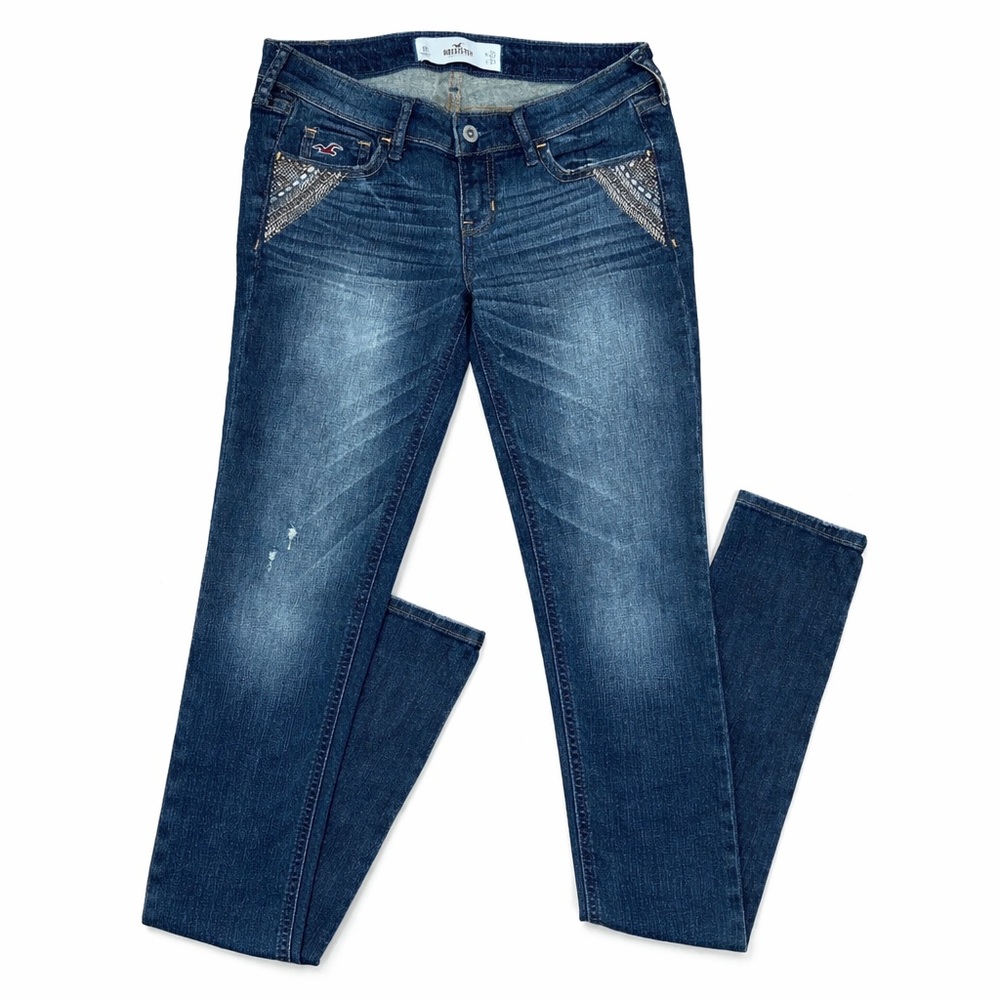 Hollister Dark Wash Skinny Distressed Jeans Embellished Studs Junior’s 1R Y2K